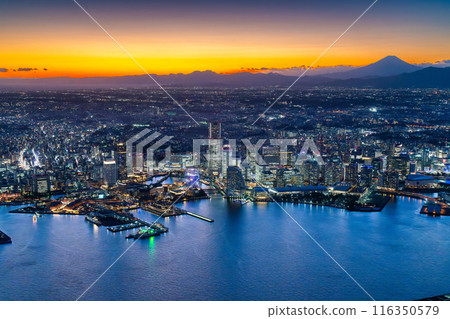 (Yokohama night view) Minato Mirai magic hour and Mt. Fuji aerial photography 116350579