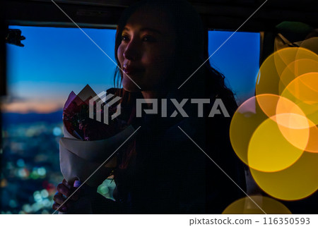 年輕女子在一次驚喜的直升機飛行中欣賞夜景 年輕女子在一次驚喜的直升機飛行中欣賞夜景 116350593