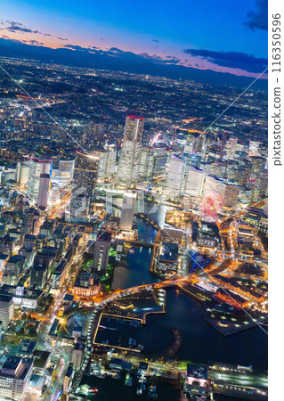 (Yokohama night view) Spectacular view of Minato Mirai's magic hour aerial photography 116350596