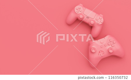 Video game joysticks or gamepads in plain monochrome pink color background Video game joysticks or gamepads in plain monochrome pink color background 116350732