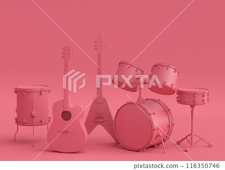 Set of electric acoustic guitars and drums with cymbals on monochrome background Set of electric acoustic guitars and drums with cymbals on monochrome background 116350746