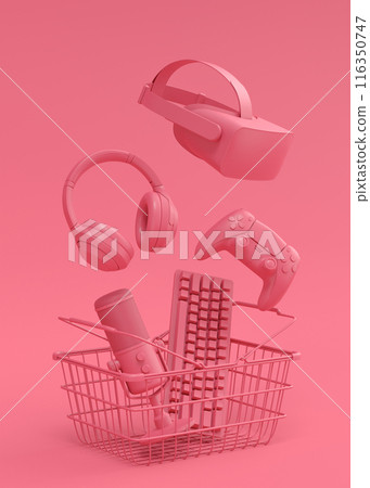 Flying gamer gears like mouse, keyboard, joystick, headset, VR on monochrome Flying gamer gears like mouse, keyboard, joystick, headset, VR on monochrome 116350747