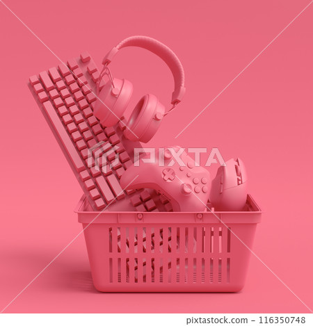 Flying gamer gears like mouse, joystick, headphones, VR glasses, microphone 116350748