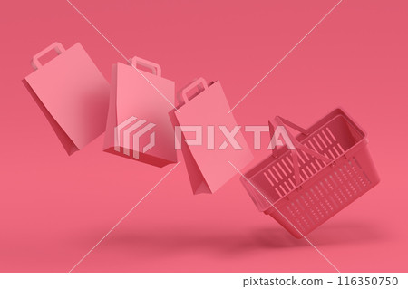 Shopping plastic basket for groceries with kraft paper bag on monochrome 116350750