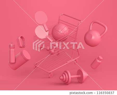 Sport equipment for fitness, gym in shopping cart on monochrome Sport equipment for fitness, gym in shopping cart on monochrome 116350837