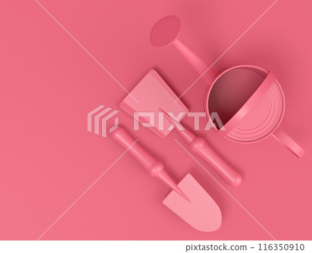 Watering can with garden tools like shovel, rake and fork on monochrome 116350910