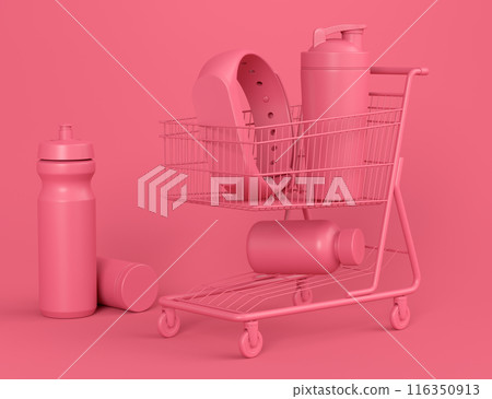 Sport equipment for fitness, gym in shopping cart on monochrome 116350913