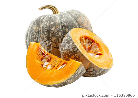 Jarrahdale pumpkin with a green stem isolated on a white background 116350960