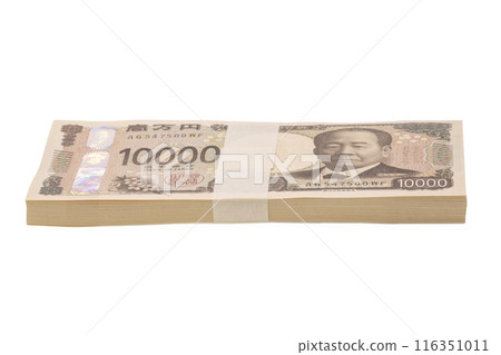 A stack of new Japanese 1 million yen banknotes photographed from a horizontal angle A stack of new Japanese 1 million yen banknotes photographed from a horizontal angle 116351011