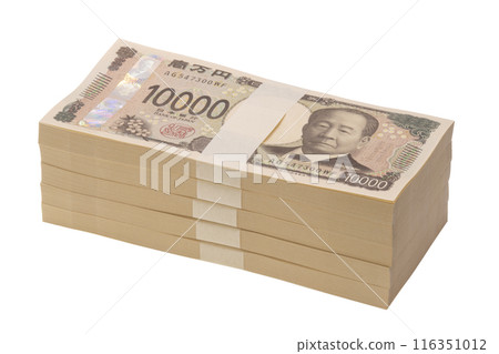 A stack of new Japanese 5 million yen banknotes photographed at an angle A stack of new Japanese 5 million yen banknotes photographed at an angle 116351012