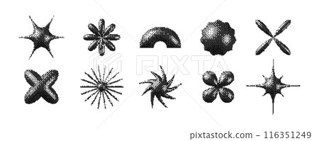 Pixelated 3d Y2K shapes set. Bitmap stars, flowers, sparkles element collection. Retro 8 bit sticker forms for posters, banners, collage, graphic design, tattoo. Vector dither pack Pixelated 3d Y2K shapes set. Bitmap stars, flowers, sparkles element collection. Retro 8 bit sticker forms for posters, banners, collage, graphic design, tattoo. Vector dither pack 116351249