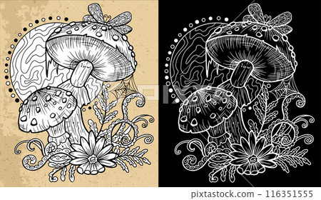Black and white celestial mystic mushrooms with magic and floral decorative design elements, butterfly, witchcraft symbols. Esoteric and witchy objects, tattoo concept, hand drawn clipart  116351555