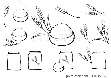 Brush-touch wheat and flour illustration set Brush-touch wheat and flour illustration set 116351620