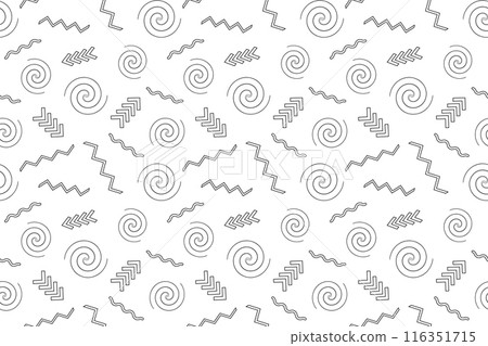 Seamless Memphis style retro pattern with geometric shapes and lines. Perfect for coloring pages and creative projects. 116351715