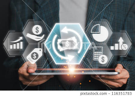 Businessman using a tablet to analyze ROI with digital icons for financial growth, profit, and investment. 116351783