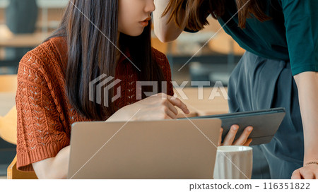 Two businesswomen having a meeting using a computer and a tablet 116351822