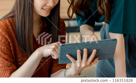 Two businesswomen having a meeting while looking at a tablet 116351826