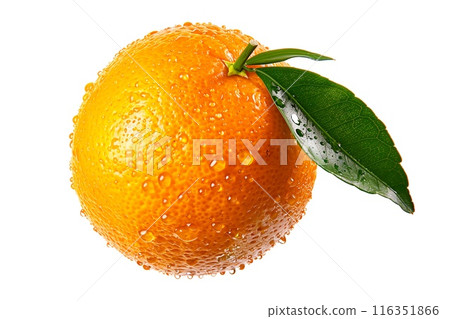 A fresh and juicy orange with leaves and water droplets against a white background 116351866