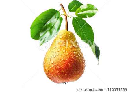 A fresh, juicy pear with water droplets and green leaf isolated on a white background 116351869