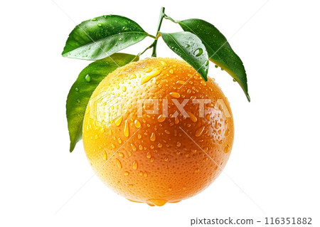 Fresh orange fruit covered in dewdrops with vibrant green leaves isolated on a white background 116351882