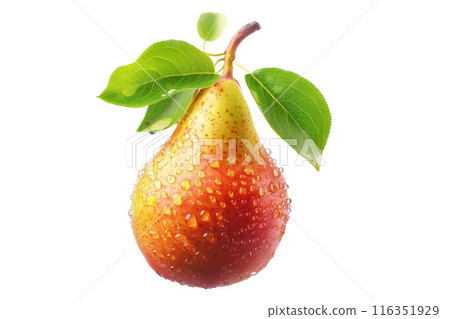 A fresh, juicy pear with water droplets and green leaf isolated on a white background 116351929