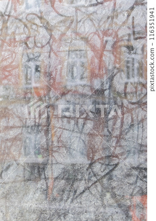 Dirty window with reflection of building in front. Dusty window of abandoned building. Street art on glass concept. Urban lifestyle. Drawing on dirty old window. Vintage background.  116351941