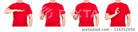 Man in red t-shirt showing or holding something in his arm on white background Man in red t-shirt showing or holding something in his arm on white background 116352050