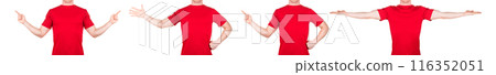 Man in red t-shirt showing or holding something in his arm on white background 116352051