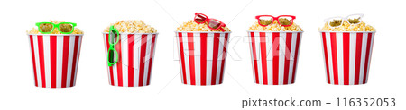 Paper striped bucket with popcorn and 3D glasses isolated on white background 116352053