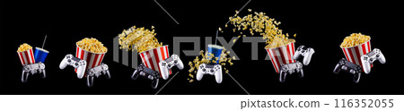 Paper bucket with popcorn, cup of drink and video game joystick on black 116352055