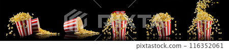 Flying popcorn from striped bucket isolated and 3d glasses on black background 116352061