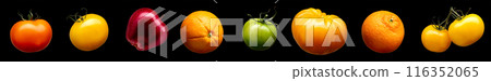 Set of tomatoes. oranges and apples isolated on black background Set of tomatoes. oranges and apples isolated on black background 116352065