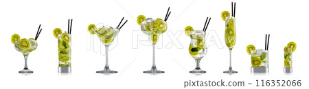 Set of cocktails with decoration from fruits isolated on white background Set of cocktails with decoration from fruits isolated on white background 116352066
