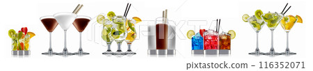 Set of cocktails with decoration from fruits isolated on white background Set of cocktails with decoration from fruits isolated on white background 116352071