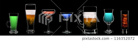 Silhouette of multicolor neon different glasses on black background Silhouette of multicolor neon different glasses on black background 116352072