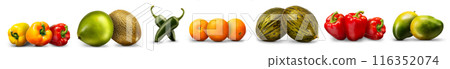 Group of fruits isolated on white background like mango. melon and orange Group of fruits isolated on white background like mango. melon and orange 116352074