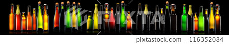 Set of beer, wine and champagne bottles isolated on black background Set of beer, wine and champagne bottles isolated on black background 116352084