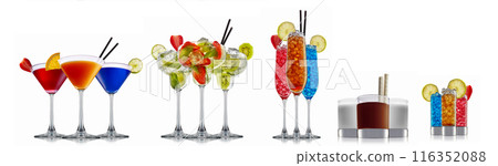 Set of cocktails with decoration from fruits isolated on white background 116352088