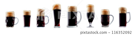 Set of beer cocktails with foam isolated on white background Set of beer cocktails with foam isolated on white background 116352092