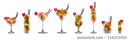Set of cocktails with decoration from fruits isolated on white background 116352093