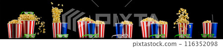 Paper striped bucket with popcorn, cup of drink and glasses isolated on black 116352098