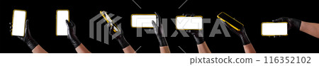 Hand in black glove holding mobile phone with blank screen isolated on black 116352102