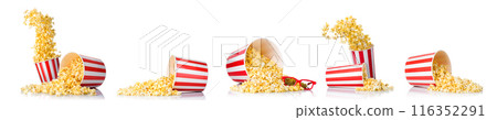 Set of bucket with popcorn and 3D glasses isolated on white background Set of bucket with popcorn and 3D glasses isolated on white background 116352291