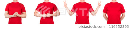 Man in red t-shirt showing or holding something in his arm on white background Man in red t-shirt showing or holding something in his arm on white background 116352293