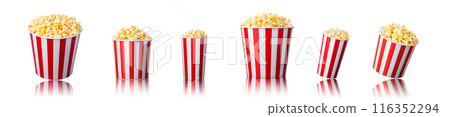 Set of paper striped bucket with popcorn isolated on white background Set of paper striped bucket with popcorn isolated on white background 116352294