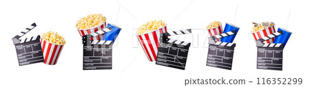 Flying popcorn and film clapper board isolated on white background 116352299