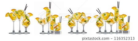 Set of cocktails with decoration from fruits isolated on white background 116352313