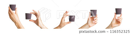 Woman hand holding coffee paper drinking cup Woman hand holding coffee paper drinking cup 116352325