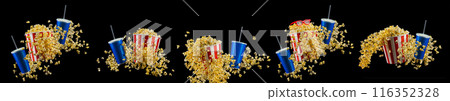 Paper striped bucket with popcorn, cup of drink and glasses isolated on black Paper striped bucket with popcorn, cup of drink and glasses isolated on black 116352328