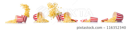 Set of bucket with popcorn and 3D glasses isolated on white background Set of bucket with popcorn and 3D glasses isolated on white background 116352340